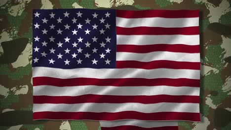 animation of american flag over saluting soldier shaped american flag and camouflage