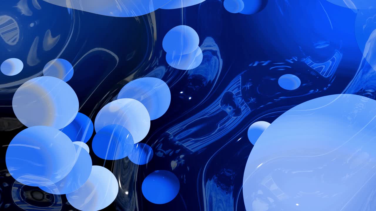 아름다운 추상적인 반이는 표면의 은 은 배경은 파란색 액체와 같은 파란색 물결과 함께 원은 기름에 페인트의 물방울처럼 떠 있습니다. 4k에서 파란색 색 gradient를 가진 창의적인 배경.