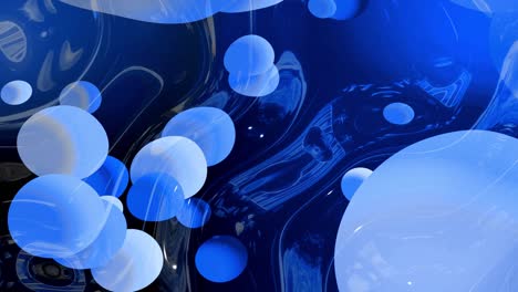 Beautiful abstract looped background of shiny glossy surface like wavy blue liquid with circles float like drops of paint in oil. Creative background with blue color gradient in 4k. 3d