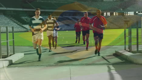 running onto field, rugby players with brazilian flag animation in stadium