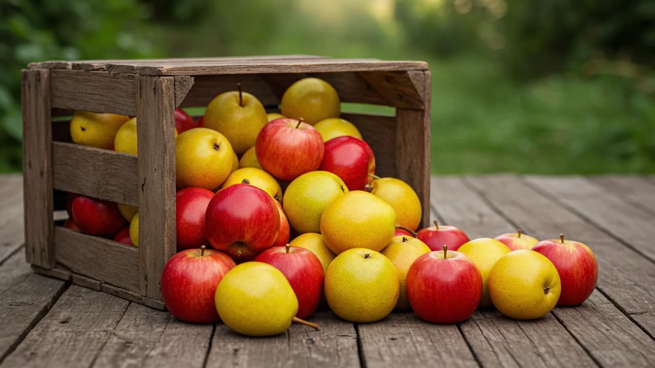 A Vibrant Display of Freshly Harvested Apples in a Rustic Wooden Crate, Showcasing the Rich Colors and Natural Beauty of Orchard Fruits in a Serene Outdoor Setting