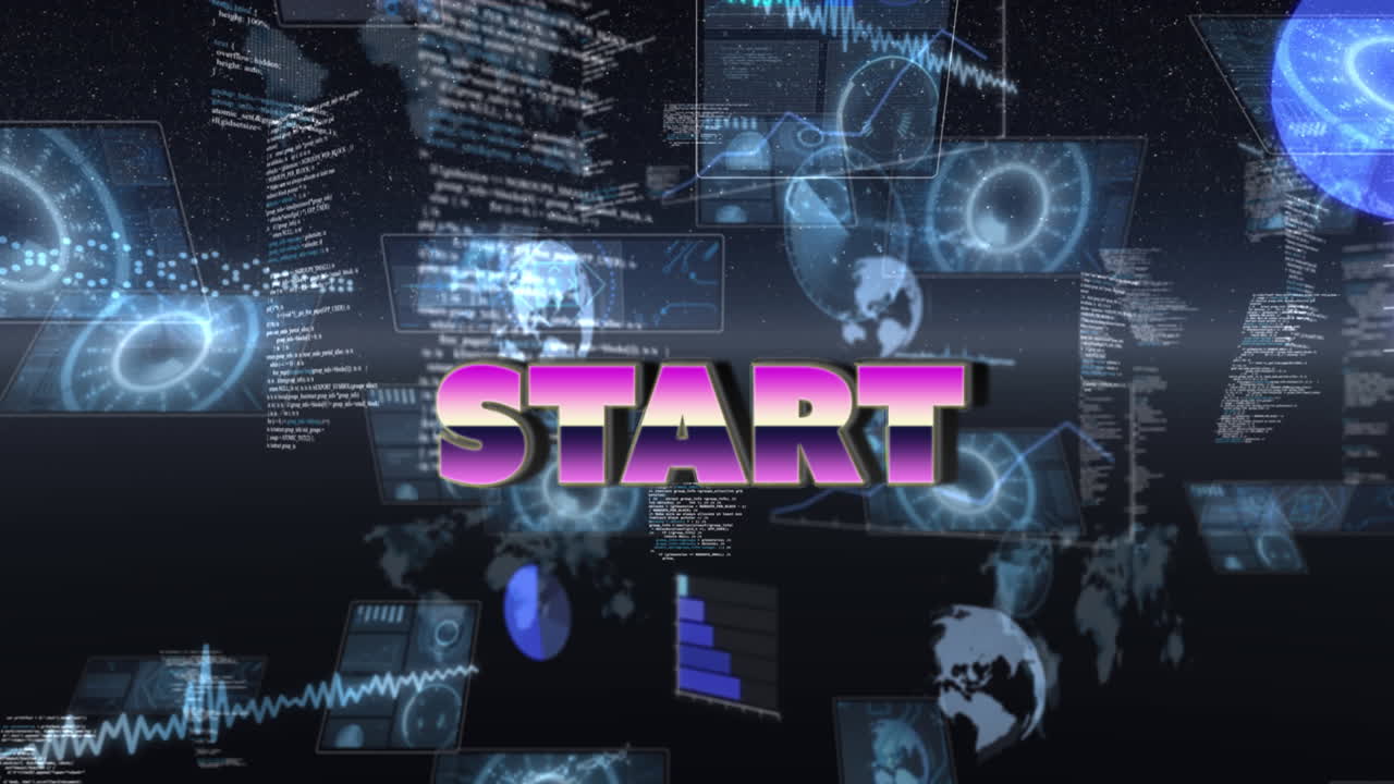Animation of start text and data processing on black background