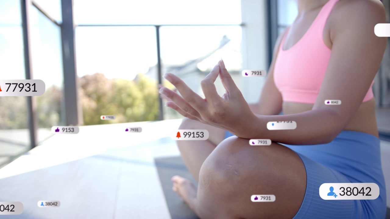 Meditating woman on balcony, incoming engagement alerts appearing as labels clustering near hands