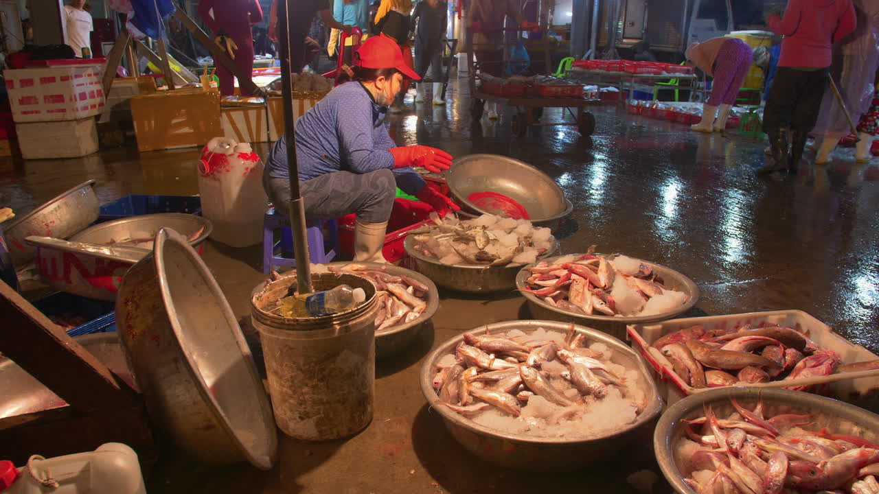 mujer sentada en una silla de plástico con tinas de pescado segregadas en la esquina de la carretera dentro del centro de pesca más grande de tho qunag, vietnam