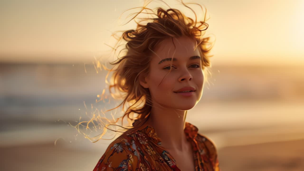 Close-up footage of a young woman on a sandy beach at sunset, hair blowing in the sea breeze with warm backlight, relaxed travel lifestyle mood outdoors