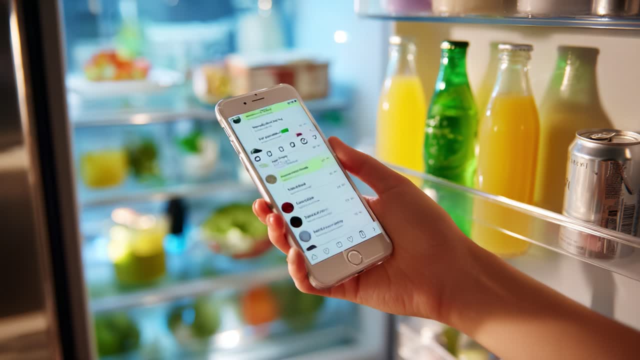 A hand holding a smartphone displaying a messaging app while next to an open refrigerator filled with various beverages and fresh ingredients, creating a vivid kitchen atmosphere