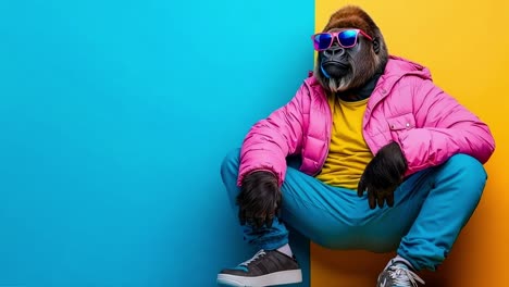 a gorilla wearing a pink jacket and sunglasses sitting on a yellow and blue background