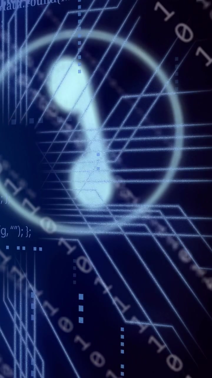 Vertical video: Binary streams sliding in from right, HUD icons moving and marking code on tech HUD