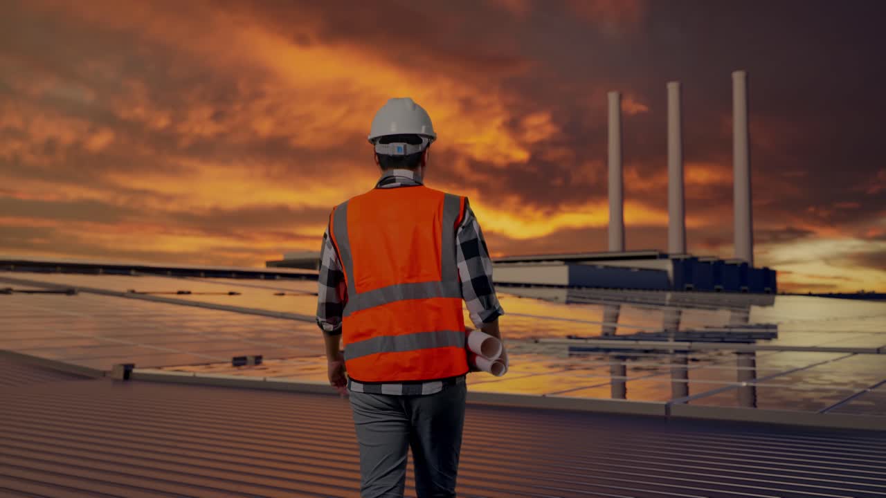 Back of Asian Male Engineer Holding Blueprint While Walking and Inspecting Solar Panels on Rooftop at Sunset