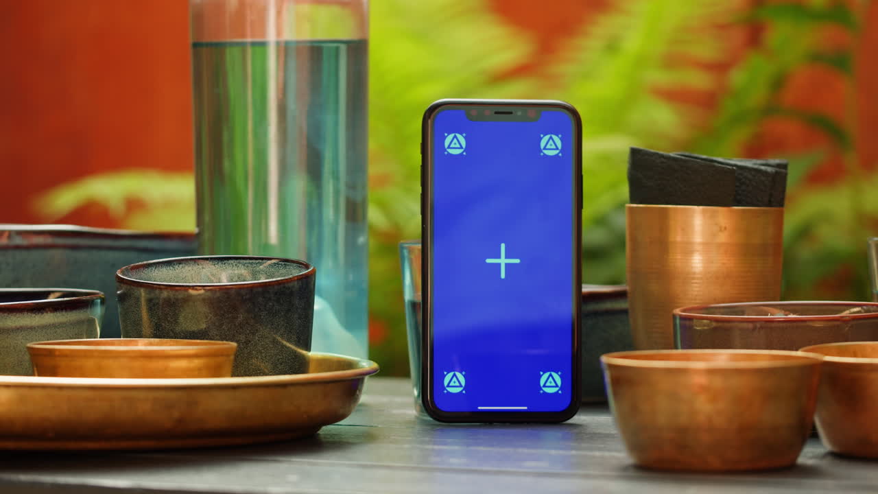 Smartphone su un tavolo con tazze e ciotole