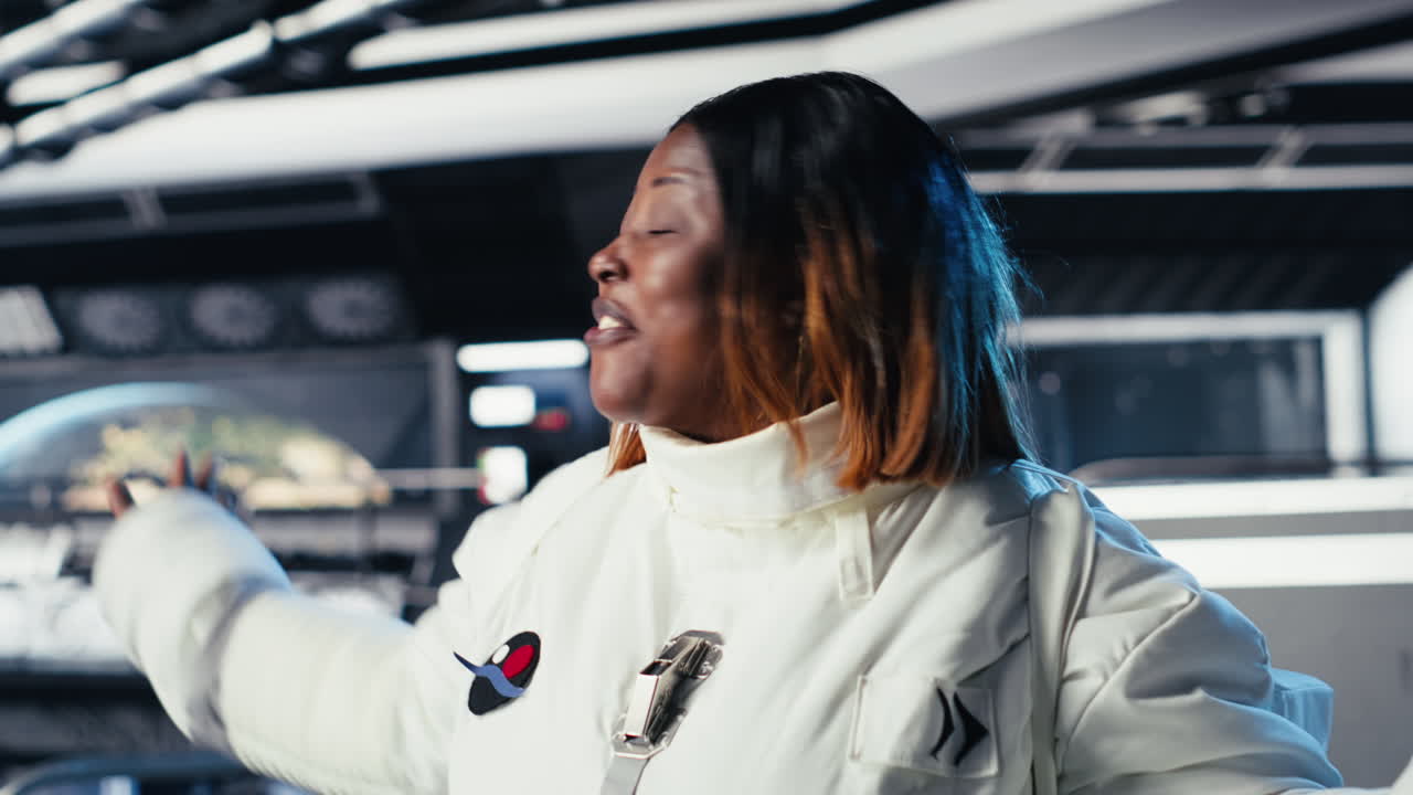 Jolly astronaut waves hand during videocall with Earth command center