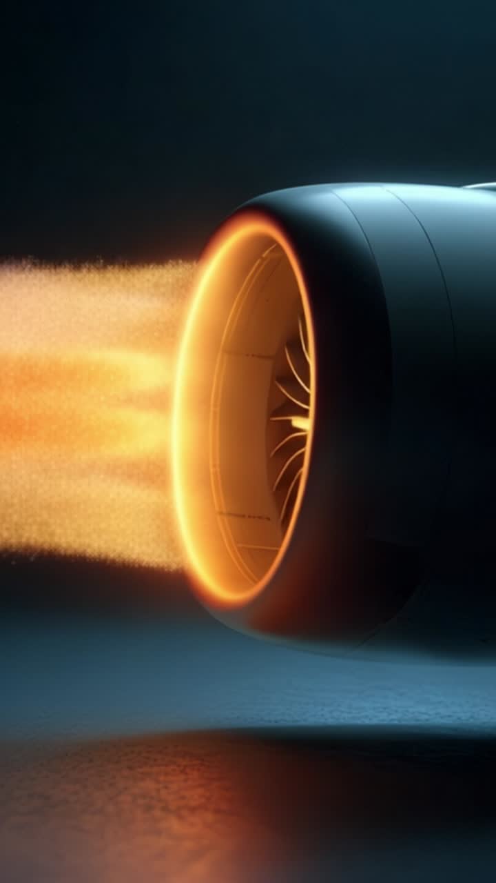 Dynamic Jet Engine Close-Up: Capturing the Energy of Turbine Operation with Vibrant Flame and Particle Visualization in a Darkened Environment