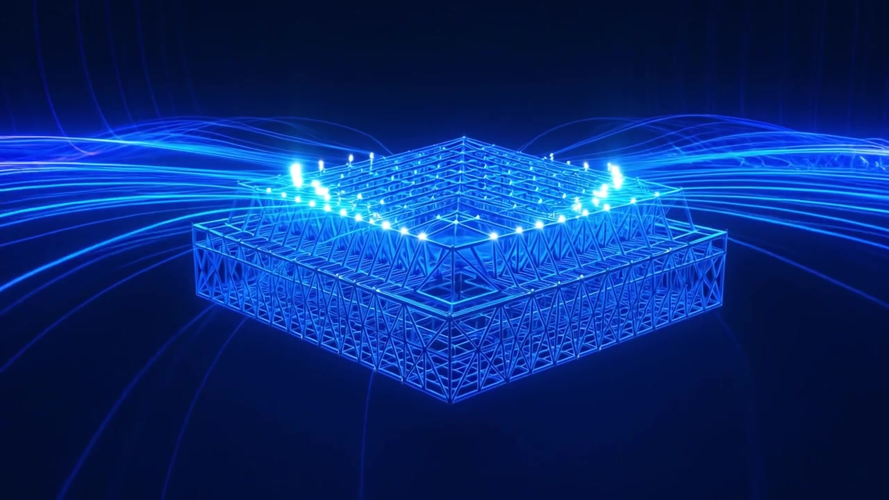 Futuristic Blue Wireframe Data Cube with Flowing Digital Connections