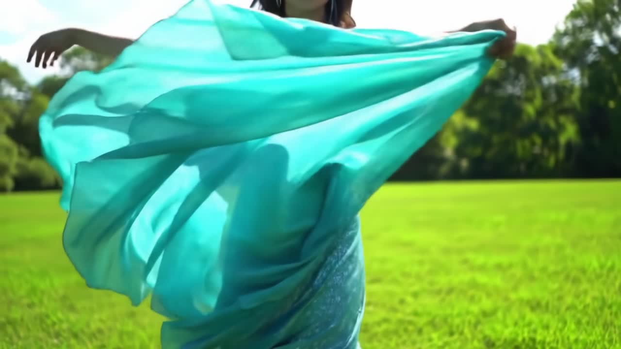 Young Woman Twirls in a Flowing Blue Dress on a Sunny Day in a Lush Green Field