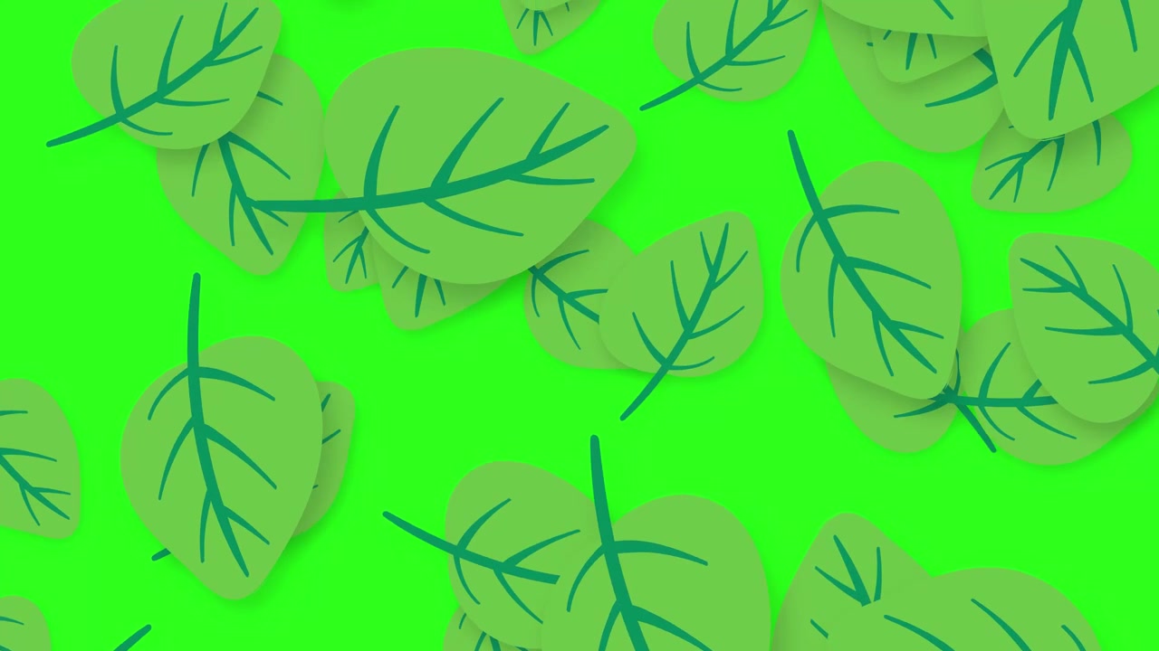 Stylized cartoon leaves fall and drift across a bright green screen in a playful animation.