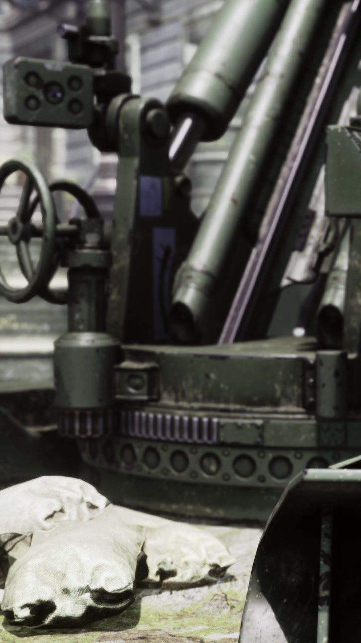 Military equipment in use at an industrial facility during the daytime