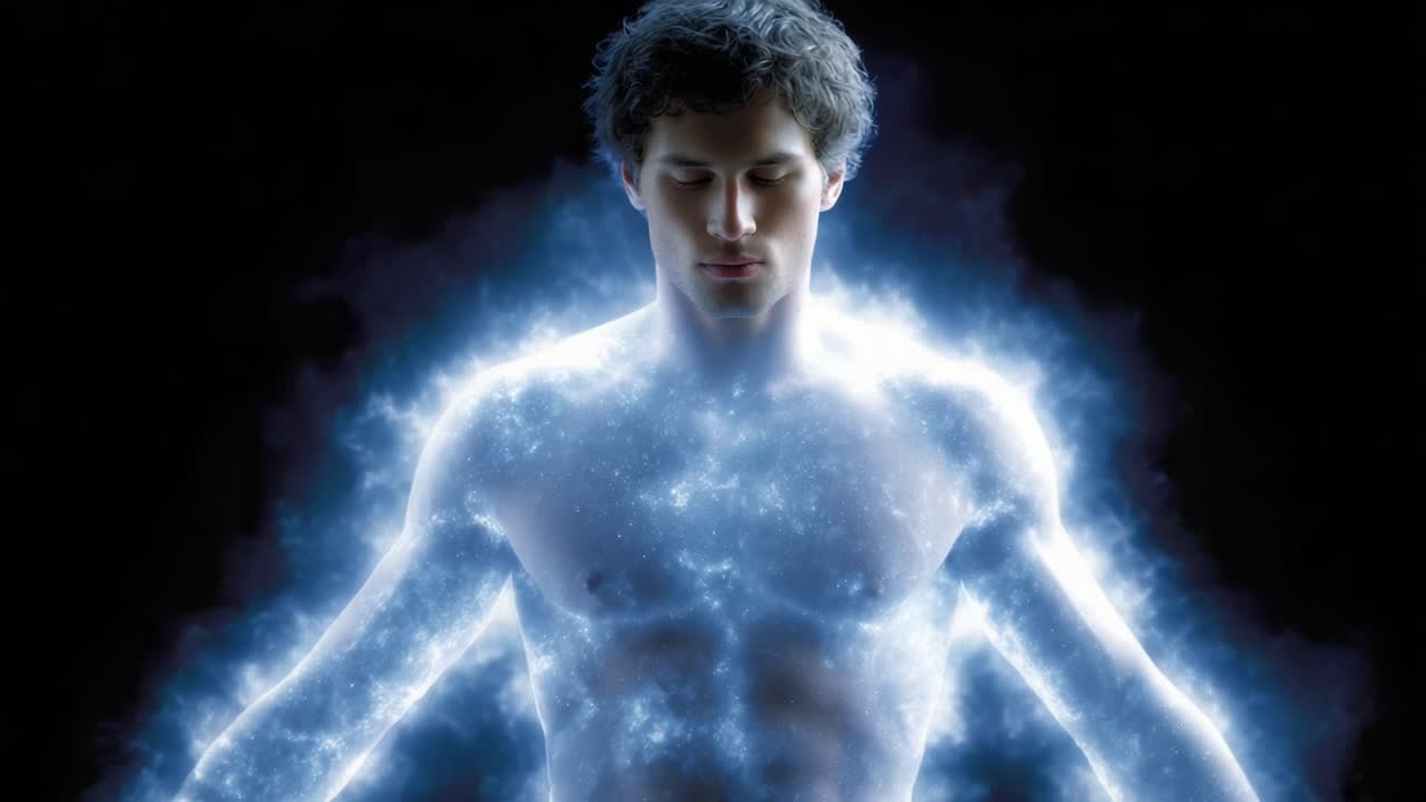 A luminous figure stands still, enveloped in a mesmerizing aura of blue energy, embodying the essence of light and vitality in a captivating display of ethereal beauty