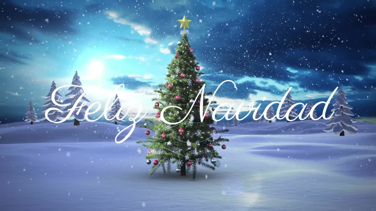 texto feliz navidad contra la nieve que cae sobre el árbol de navidad en el paisaje de invierno