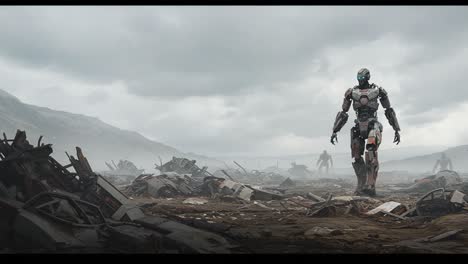 a solitary futuristic robot surveys a post-apocalyptic landscape littered with wreckage, embodying themes of desolation and survival in a dystopian world