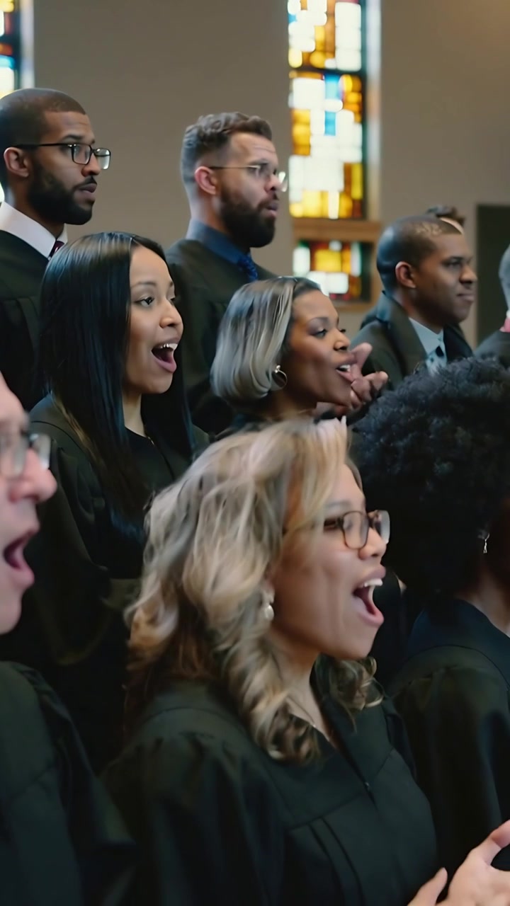 Video verticale: Su indicazione, un coro in toghe nere canta e applaude per il culto, con vetrate colorate.