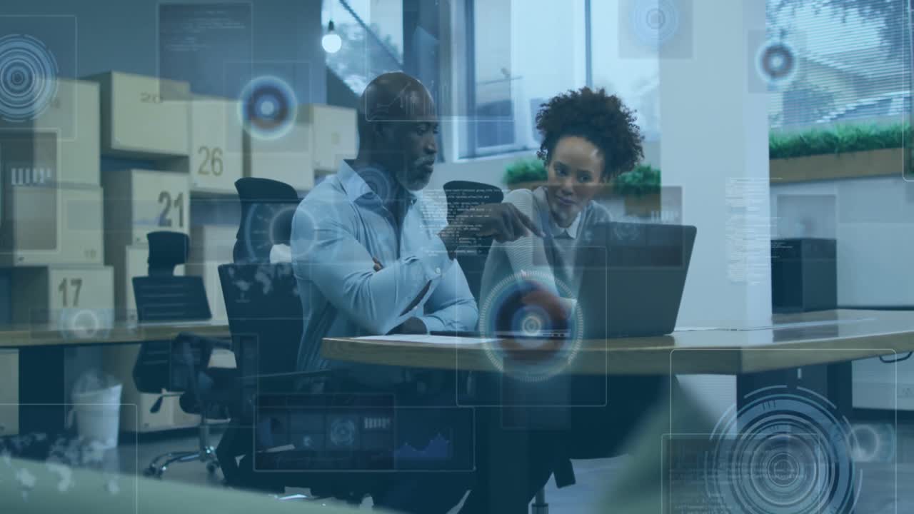 Animation of financial data processing over diverse business people