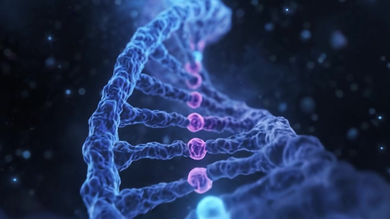 Una straordinaria visualizzazione della struttura a doppia elica del DNA che mostra la complessa formazione dei nucleotidi e il loro ruolo nella trasmissione delle informazioni genetiche