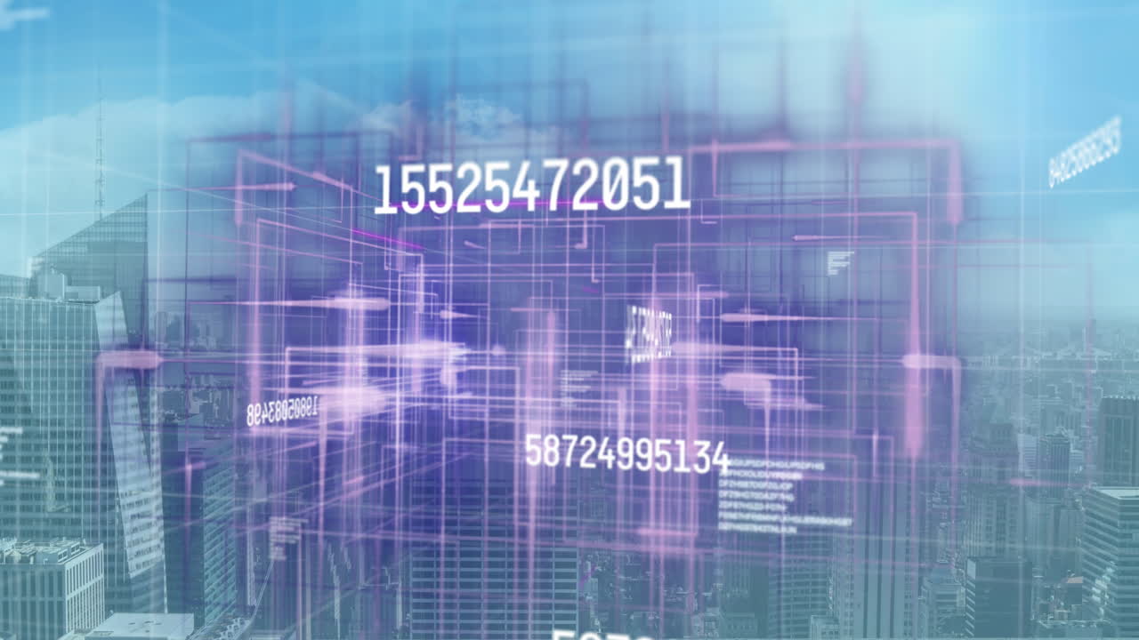 animación de números cambiantes y procesamiento de datos sobre el paisaje urbano