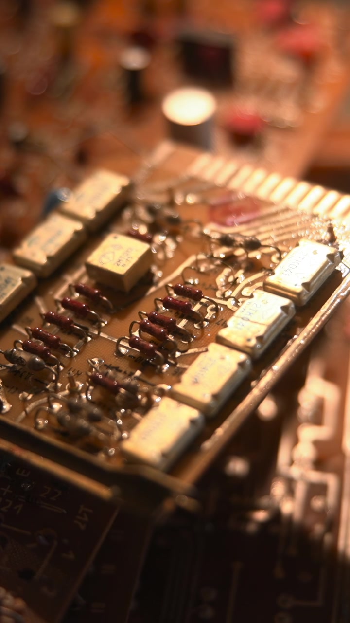 Closeup Circuit Board On Workbench Showing Small Smd Module With Gold Plating And Tiny Components