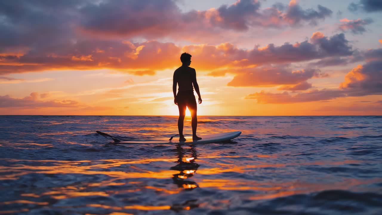 Silhouette of a surfer at sunset