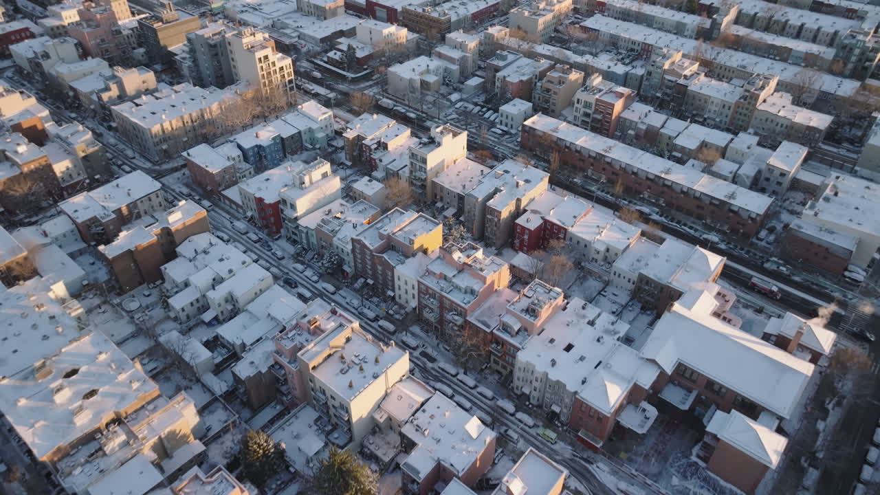 Aerial view of a snow covered Brooklyn. Shot on a winter morning in Greenpoint.