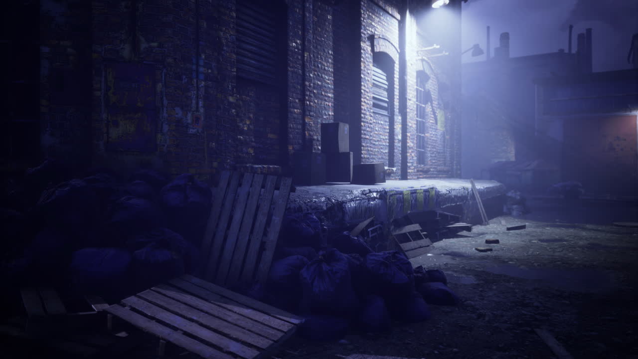 Silent alleyway at night filled with shadows and abandoned materials