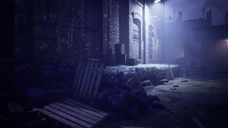 silent alleyway at night filled with shadows and abandoned materials