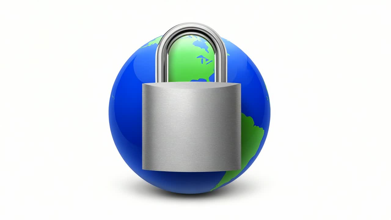 Displaying padlock staying locked while globe rotating from Americas to Africa on white backdrop