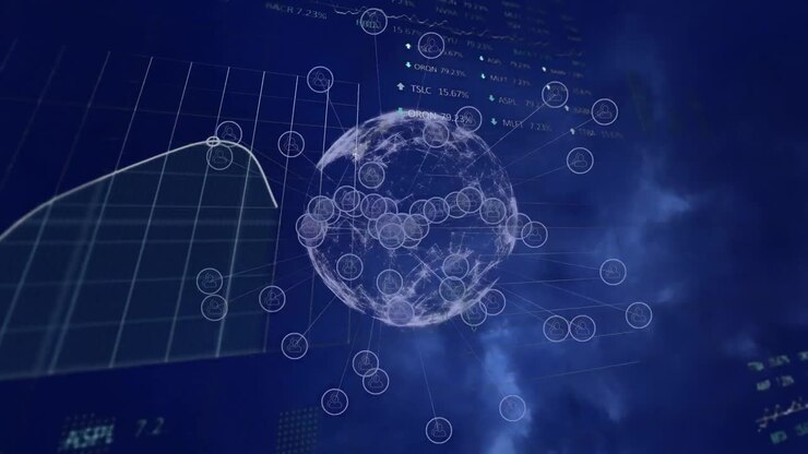 Animation of statistical, stock market data processing, network of digital icons over spinning globe