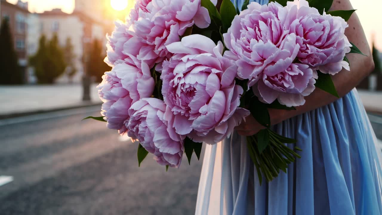Elegance and beauty combine as a woman, wearing a flowing blue dress, gracefully holds a large bouquet of pink peonies, illuminated by the warm glow of the setting sun on a city street