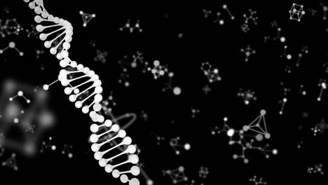 Animation-Mehrerer-Moleküle-Und-Chemischer-Elemente-Und-DNA-Stamm,-Die-Auf-Schwarzem-Hintergrund-Schweben