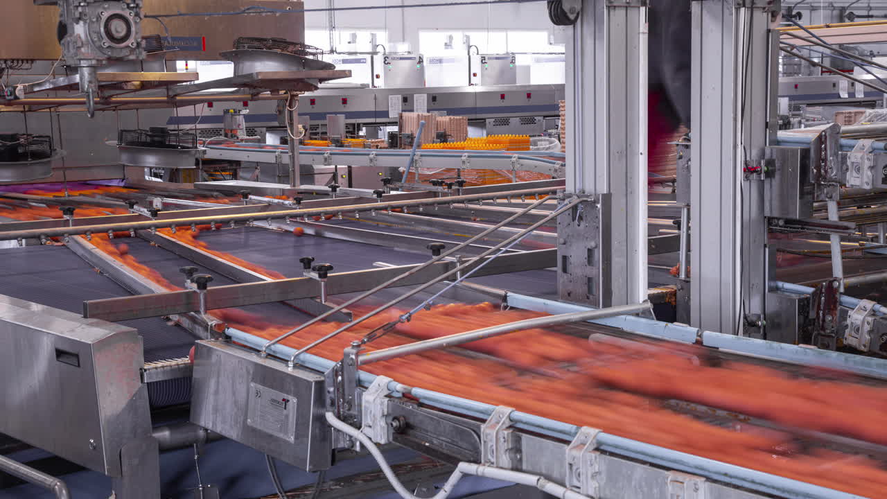The conveyor belt that transports and checks the eggs in a packaging factory