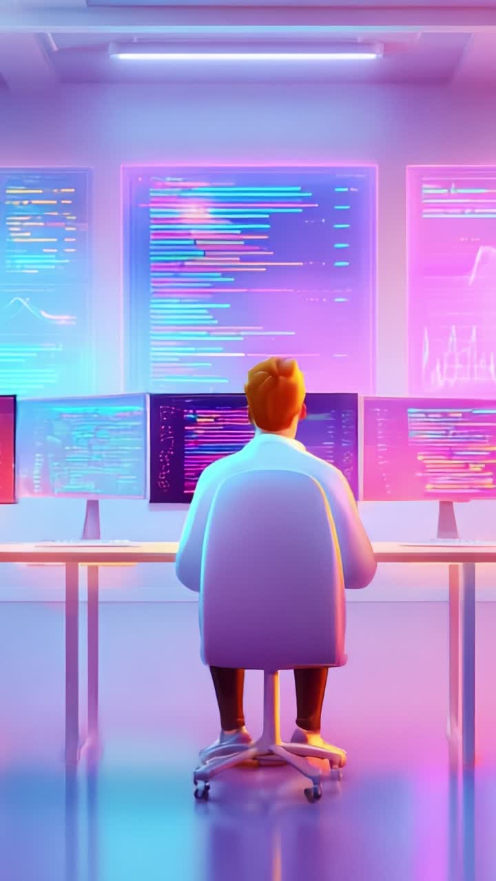 A Data Scientist Analyzing Complex Code Visualizations in a Modern, Colorful Workspace with Multiple Monitors Displaying Dynamic Graphs and Information