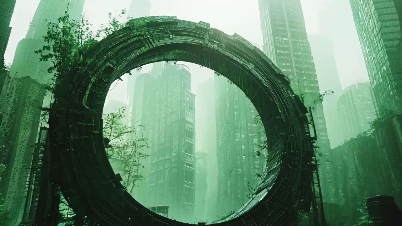 una ciudad futurista con un arco circular en el medio