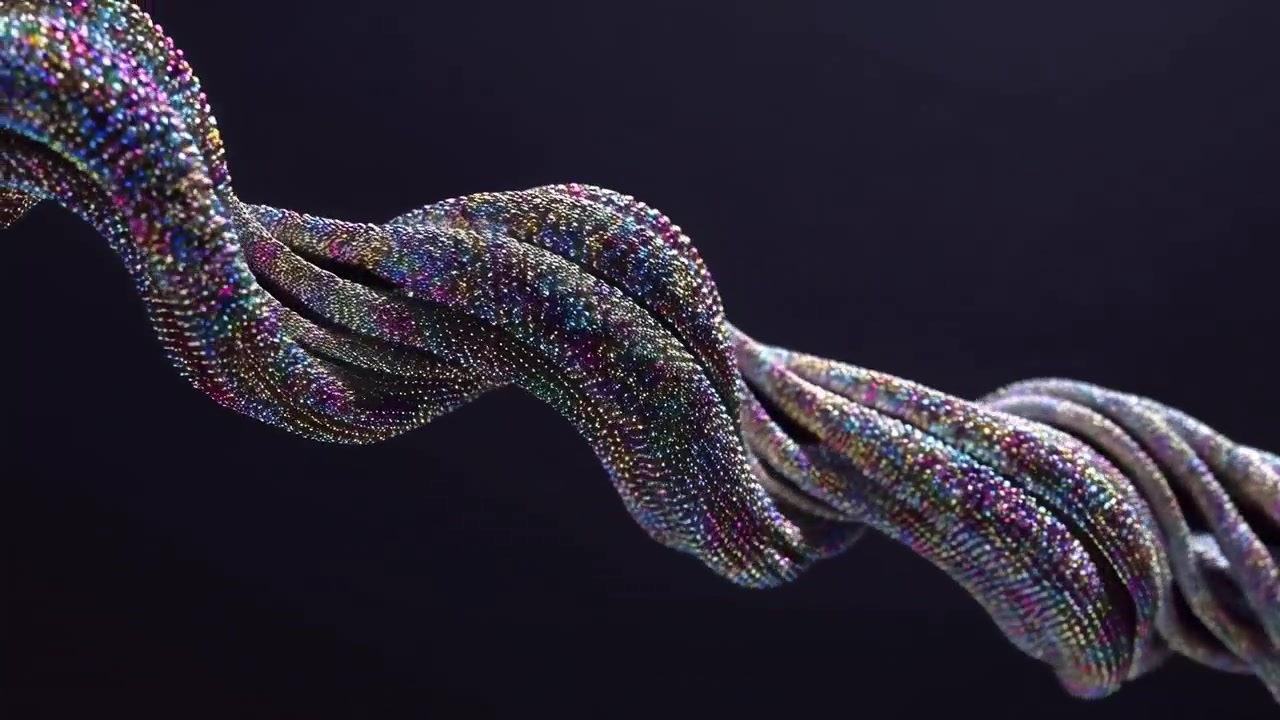 Closeup Braided Iridescent Bead Rope Twisting Across Dark Studio Backdrop With Soft Rim Lighting,