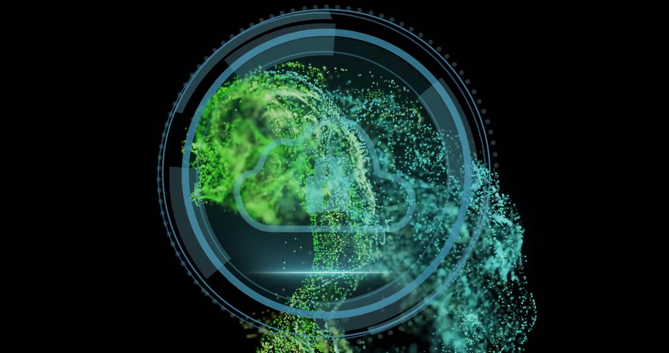 Cloud holding padlock icon floating inside HUD overlay with swirling green and blue particles