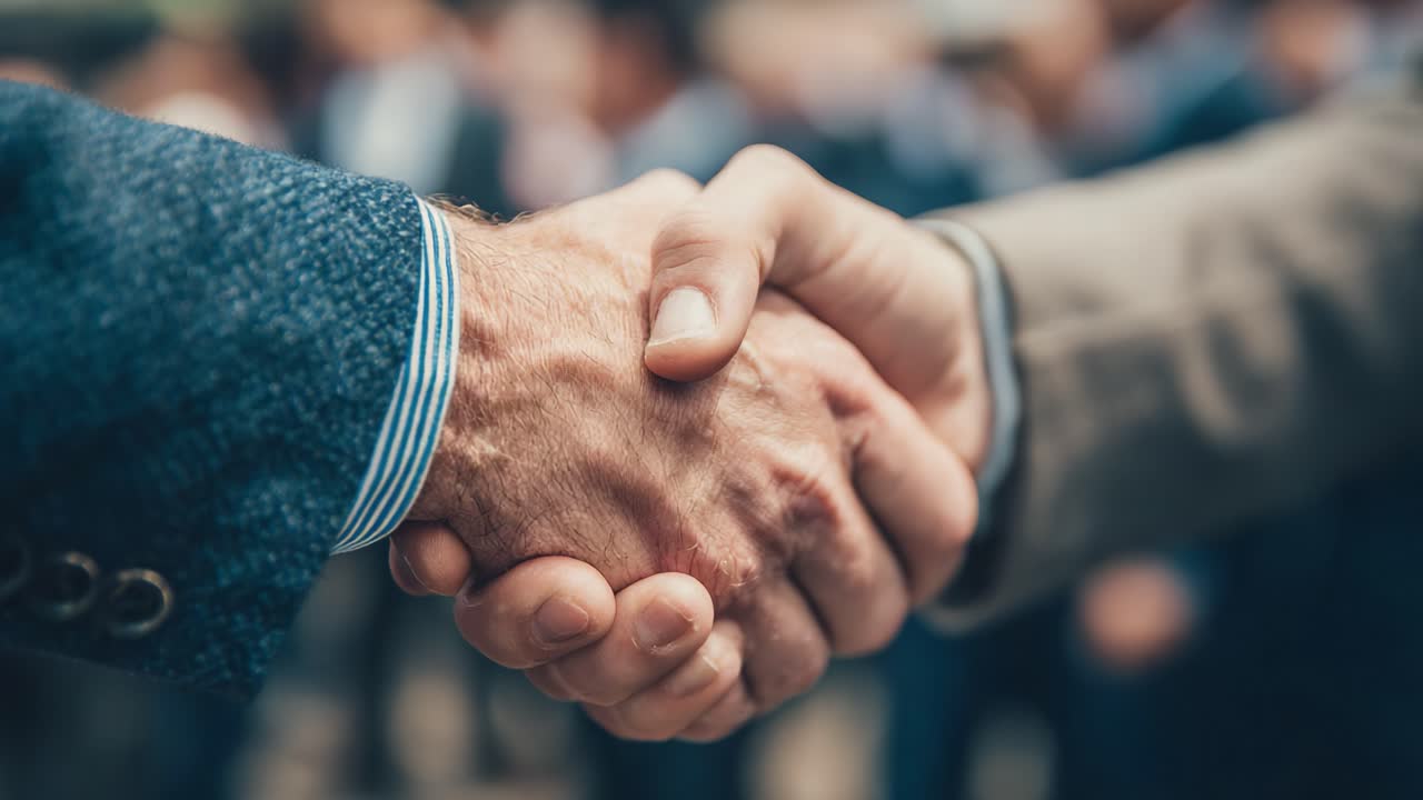 Primo piano di due persone che si stringono la mano con fermezza, a simboleggiare collaborazione, accordo e rispetto reciproco in un contesto professionale