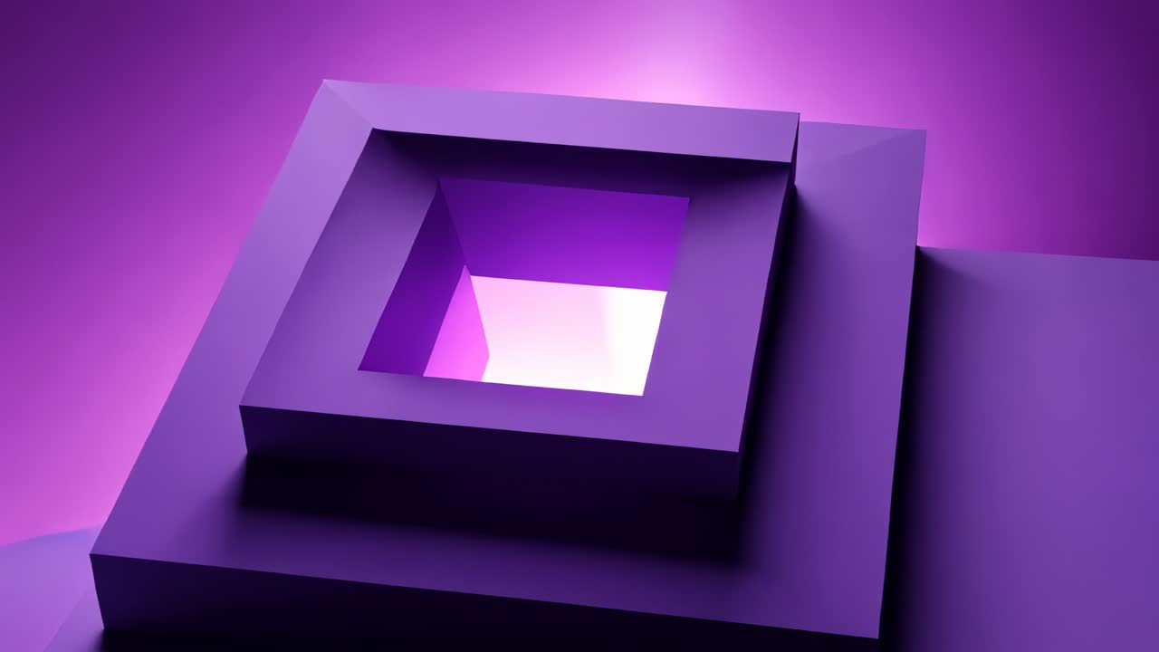 Swirling haze emerging from purple stepped sculpture on purple backdrop, revealing glowing portal