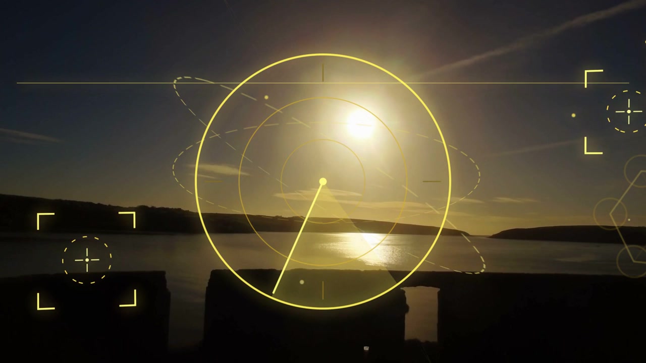 Keskeinen tutkanäyttö (HUD) pyörii, samalla kun aurinko ilmestyy raunion takaa, skannaten horisonttia ja paljastaen häikäisyn.