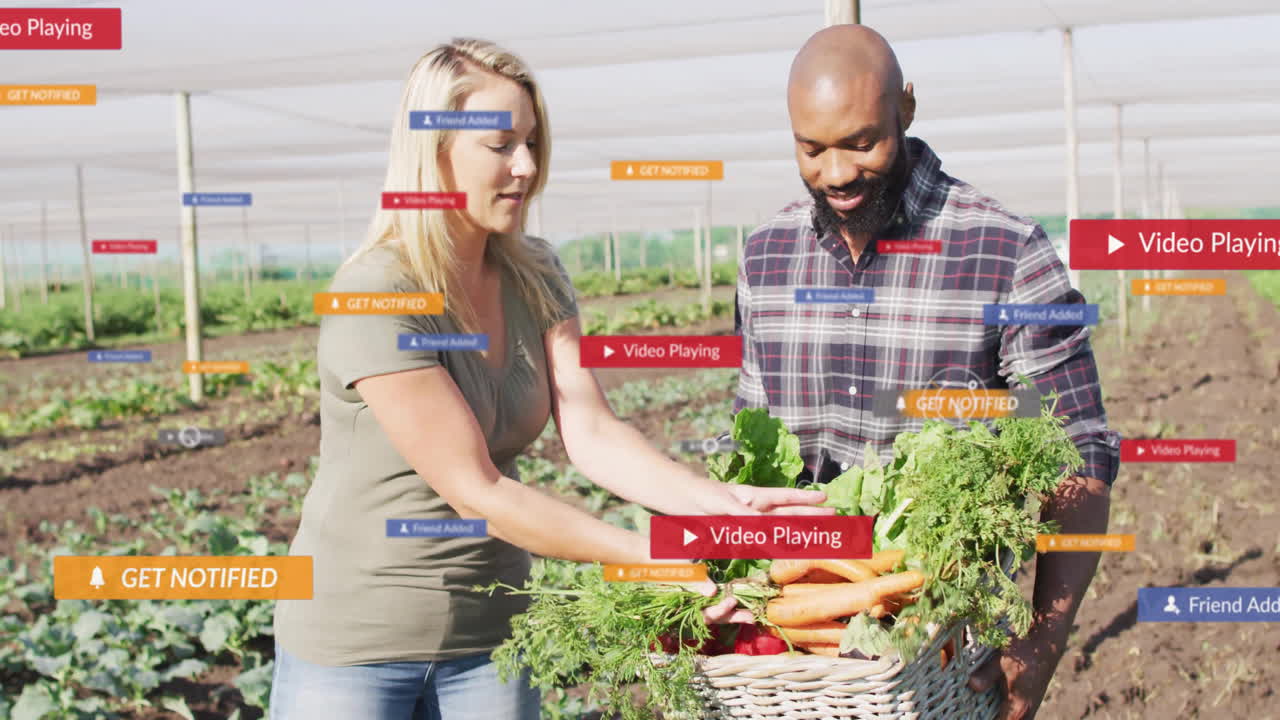 man and woman holding basket of carrots and greens, showing floating UI labels for farm marketing