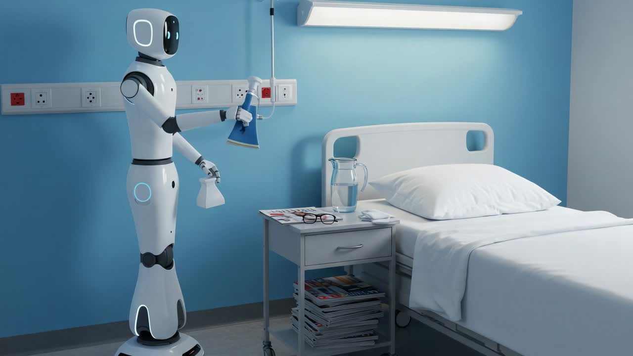 A Sleek and Innovative Hospital Robot Assisting in Patient Care: Revolutionizing Healthcare with Advanced Robotics Technology in Modern Medical Environments