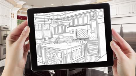 cinemagraph de bucle de 4k de una tableta de computadora con dibujo de diseño de cocina en transición a foto
