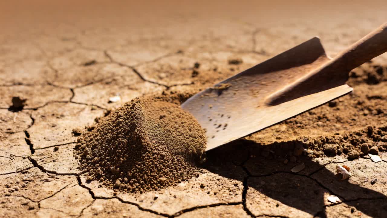 Tilting operator's rusty shovel pouring dry soil onto cracked ground, building small conical mound