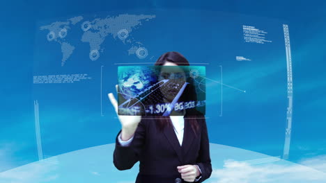 Businesswoman-using-interactive-touchscreen