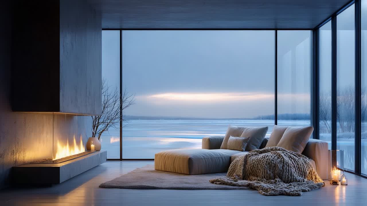 A Serene Winter Retreat: Cozy Living Space with a Stunning View of Frozen Lake, Soft Natural Light, and a Warm Fireplace, Inviting Relaxation and Tranquility in a Minimalist Design